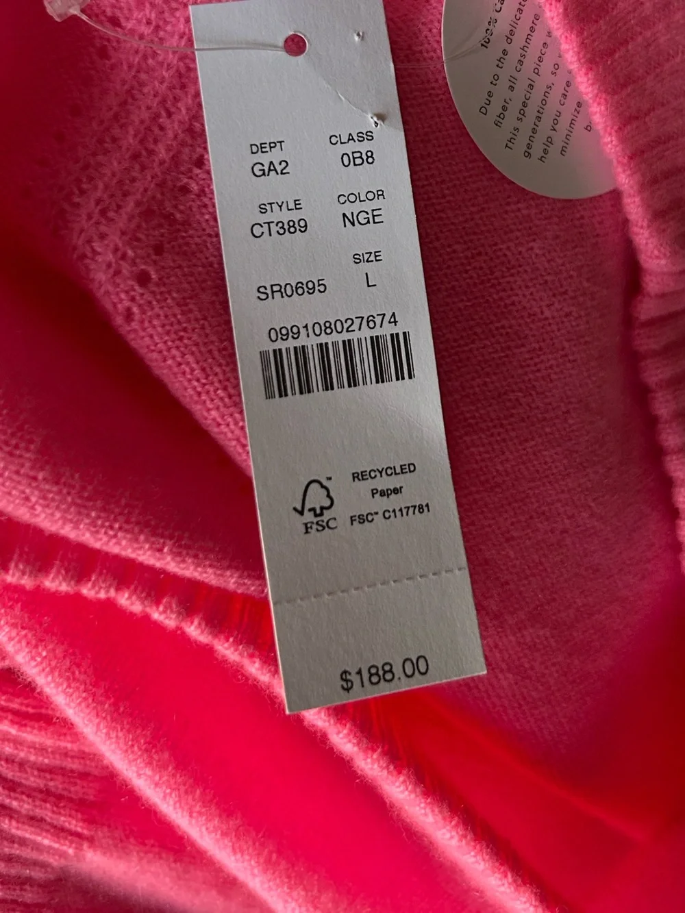 NWT J.Crew Neon Geranium Pink Cashmere blouson-sleeve sweater Sz L